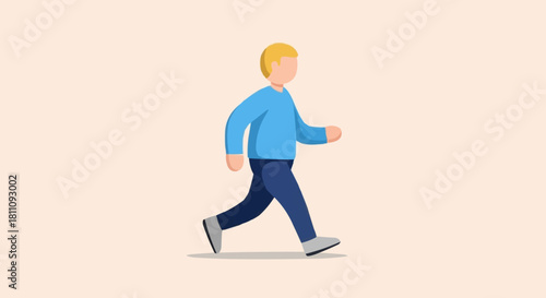 Man walking in a blue shirt and dark pants.