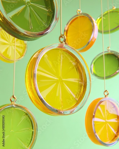 Glass ornament shaped like a lemon slice glowing against a warm ambient background. Bright and modern Christmas decor concept with citrus aesthetics