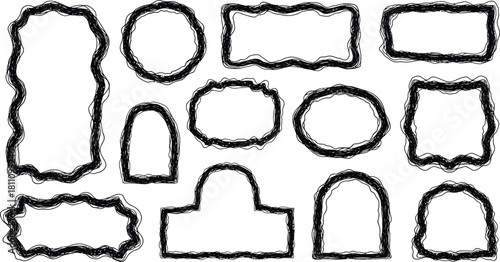 Wavy edge shapes frame box vector illustration isolated on white. Squiggle curve doodle rectangle and oval sketch.
