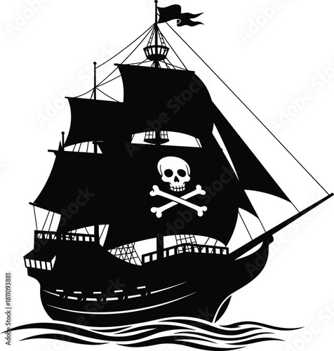 Black pirate ship silhouette vector illustration with skull and bones eps