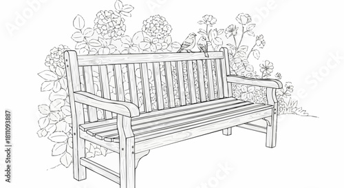 Wooden bench in garden with detailed design and armrests for relaxation.