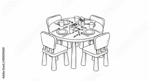 Round Dining Table with Four Chairs and Place Settings.