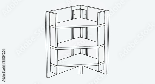 Simple line drawing illustration of a three tiered corner shelf.