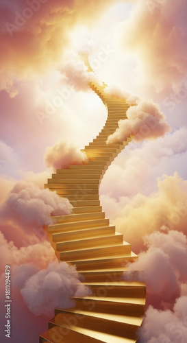 Golden staircase ascending through fluffy clouds towards bright light and ethereal sky