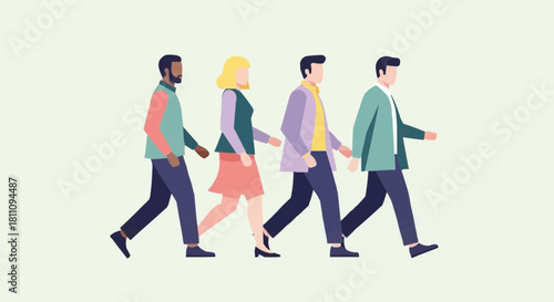 Diverse group of four people walking together in a line.