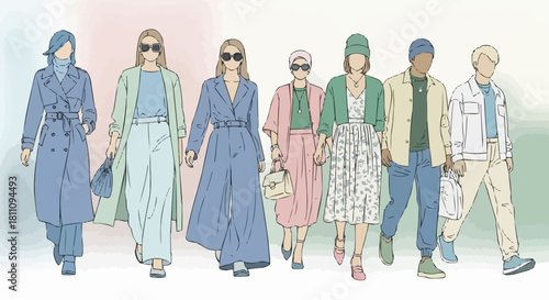 Fashionable individuals showcase diverse styles and elegant outfits in a stylish parade.