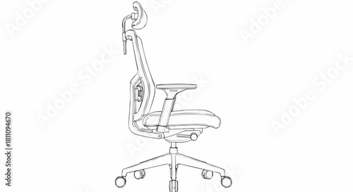 Ergonomic office chair line drawing in a side profile view.