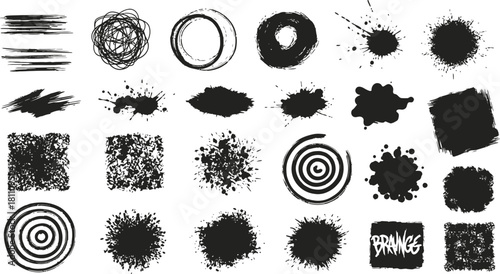 Big set of blots and vector abstract elements. Black inked splatter dirt stain splattered spray splash with drops blots isolated.