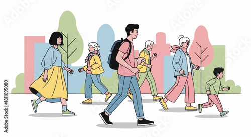 Diverse Group of People Walking in a City Park.
