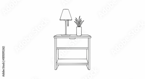 Nightstand with lamp and plant, a simple and functional furniture piece.