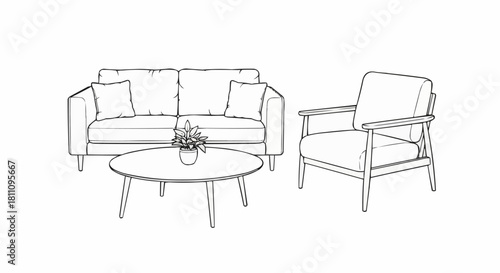 Hand drawn sketch of modern living room furniture with sofa and armchair.