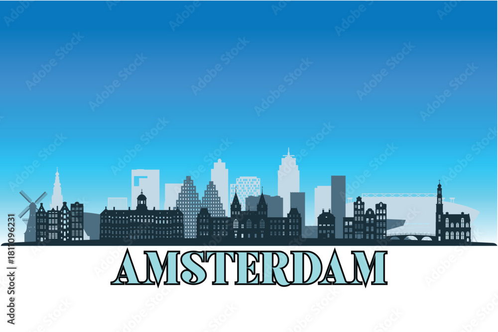 Naklejka premium Global city Amsterdam shown in a detailed vector skyline with a bright blue sky.