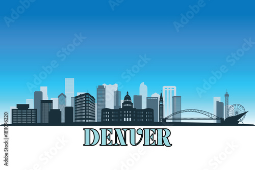 Global city Denver shown in a detailed vector skyline with a bright blue sky.
