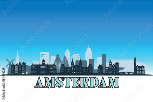 Global city Amsterdam shown in a detailed vector skyline with a bright blue sky.