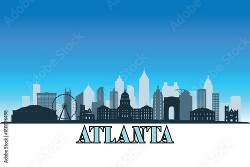 Global city Atlanta shown in a detailed vector skyline with a bright blue sky.