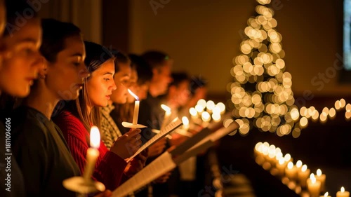 Young woman candle carol family christmas holiday choir singing candlelight service choirbook music youth church tree lights singing by glowing candlelight in warm cozy festive atmosphere