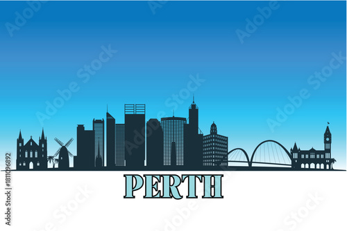 Global city Perth shown in a detailed vector skyline with a bright blue sky.