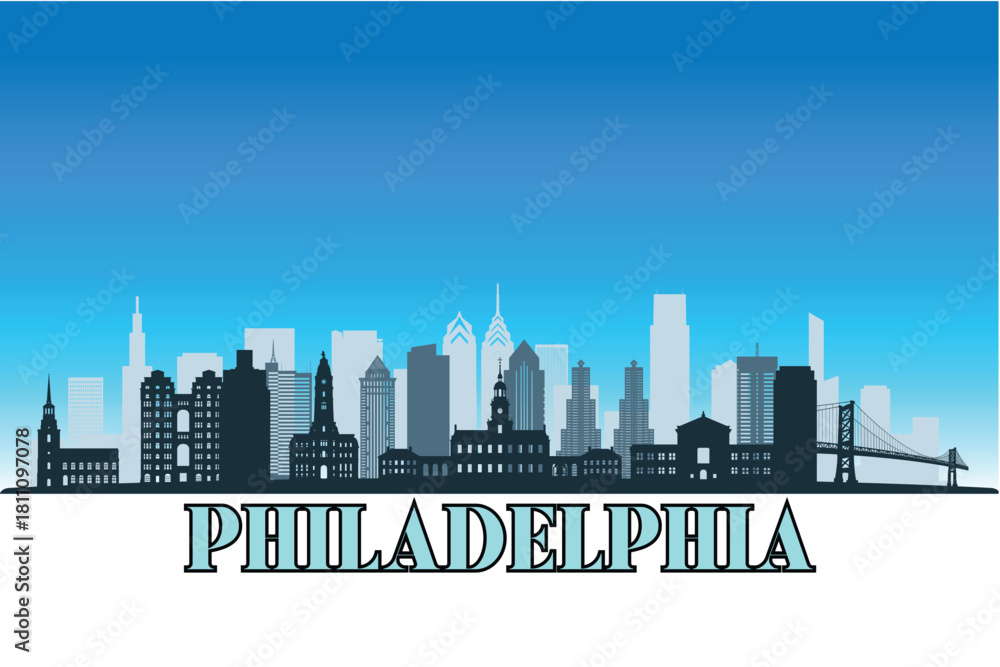 Naklejka premium Global city Philadelphia shown in a detailed vector skyline with a bright blue sky.