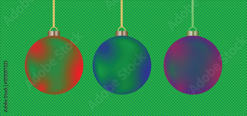 Three colorful christmas ornaments hang against a vibrant green background