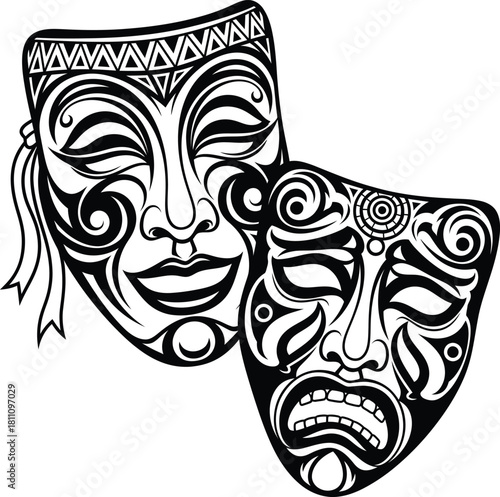 Drama masks comedy and tragedy vector illustration theater symbols art eps silhouette