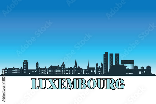 Global city Luxembourg shown in a detailed vector skyline with a bright blue sky.