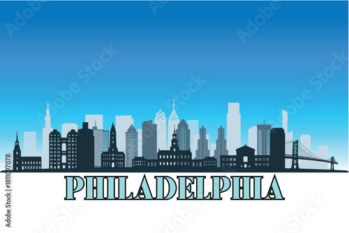 Global city Philadelphia shown in a detailed vector skyline with a bright blue sky.