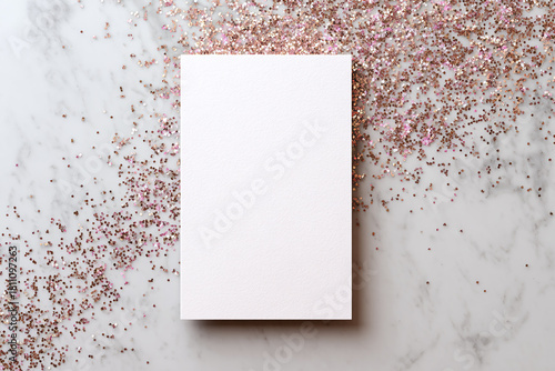 Vertical 5x7 blank invitation on rose gold glitter background with sparkling light, top-down flat lay, soft diffused natural light, single focus, elegant commercial stock mockup.