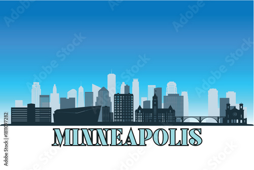 Global city Minneapolis shown in a detailed vector skyline with a bright blue sky.