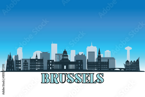 Global city Brussels shown in a detailed vector skyline with a bright blue sky.