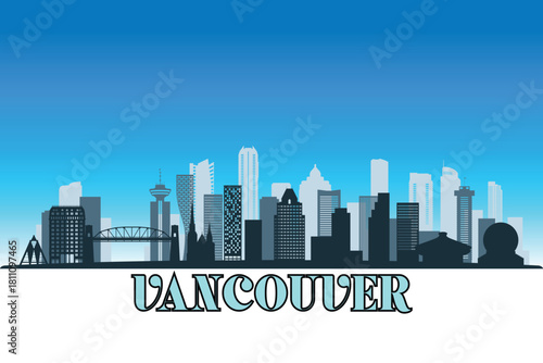 Global city Vancouver shown in a detailed vector skyline with a bright blue sky.