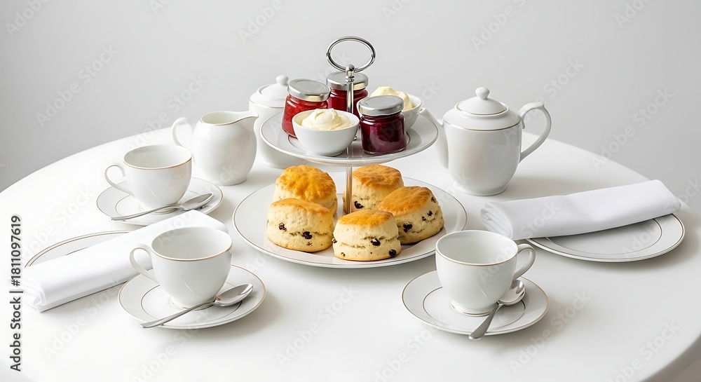 Fototapeta premium Elegant afternoon tea arrangement featuring scones with clotted cream jam and tea cups on a pristine white table perfect for culinary delights