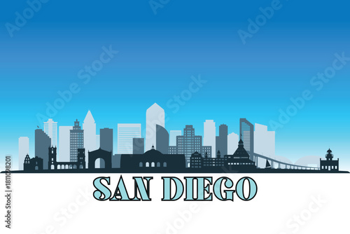 Global city San Diego shown in a detailed vector skyline with a bright blue sky.
