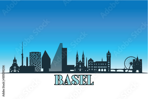 Global city Basel shown in a detailed vector skyline with a bright blue sky.