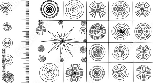 An abstract monochrome line-art composition: a grid-like spread of spirals and circular swirls in black ink on a white background. Spiral elements vary in size from tiny to large, with both tight coil