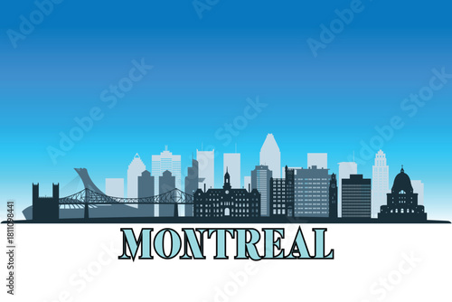 Global city Montreal shown in a detailed vector skyline with a bright blue sky.