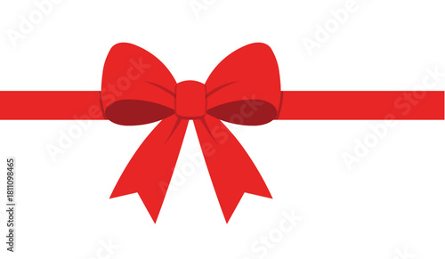 Horizontal classic red ribbon with a decorative bow tied in the center, set against a plain white background. Simple vector graphic element ideal for gift wrapping, holiday packaging, greeting cards, 