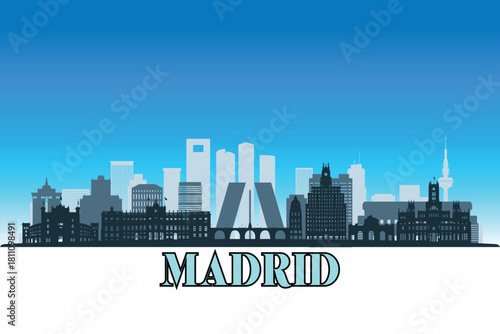Global city Madrid shown in a detailed vector skyline with a bright blue sky.