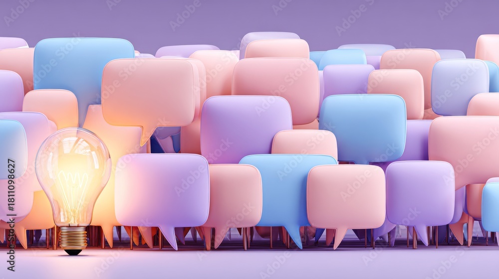 Obraz premium The idea of a colorful light bulb is encompassed by delicate pastel speech bubble icons that represent creative thinking and conversation