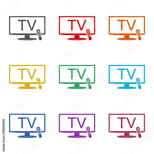 Smart TV with remote control  icon isolated on white background. Set icons colorful