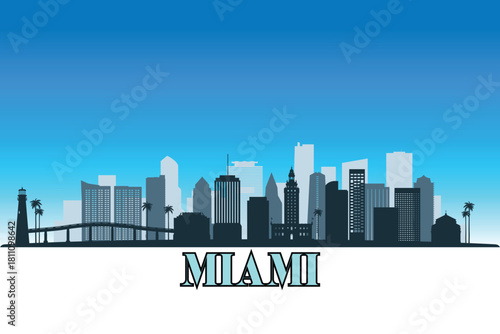 Global city Miami shown in a detailed vector skyline with a bright blue sky.