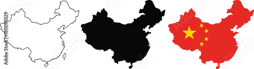 Detailed map of china outline, silhouette, and flag graphic set