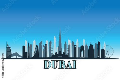 Global city Dubai shown in a detailed vector skyline with a bright blue sky.