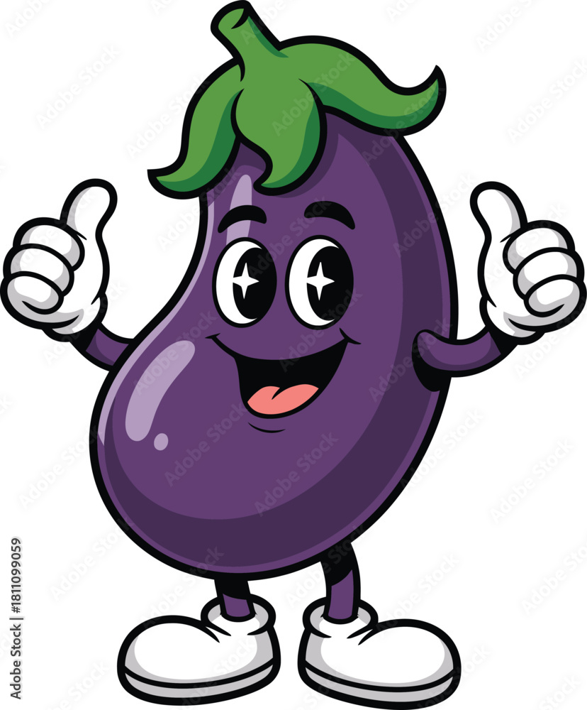 Fototapeta premium Happy cartoon eggplant mascot giving thumbs up gesture isolated