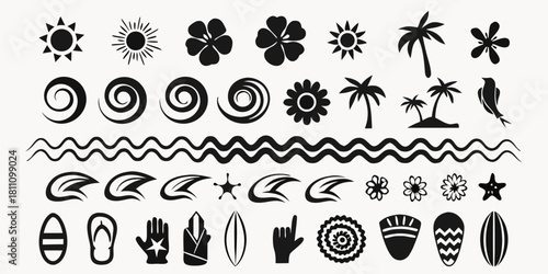 Collection of summer and tropical themed vector icons in black silhouette