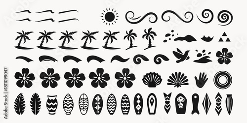 Collection of black silhouette hawaiian and tropical themed design elements