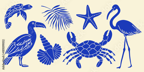 Blue tropical animals and plants illustration on beige background