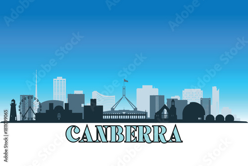 Global city Canberra shown in a detailed vector skyline with a bright blue sky.