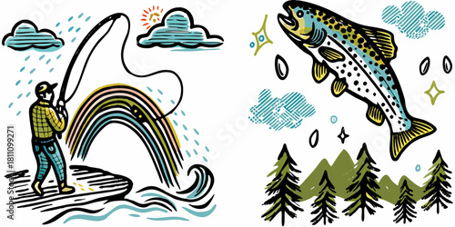 Fisherman casting line with trout trees clouds and rainbow illustration
