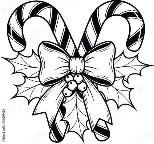 Crossed candy canes with bow and holly leaves line art design