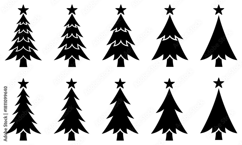 Obraz premium 様々な形のクリスマスツリーのアイコンのベクターイラストのセット